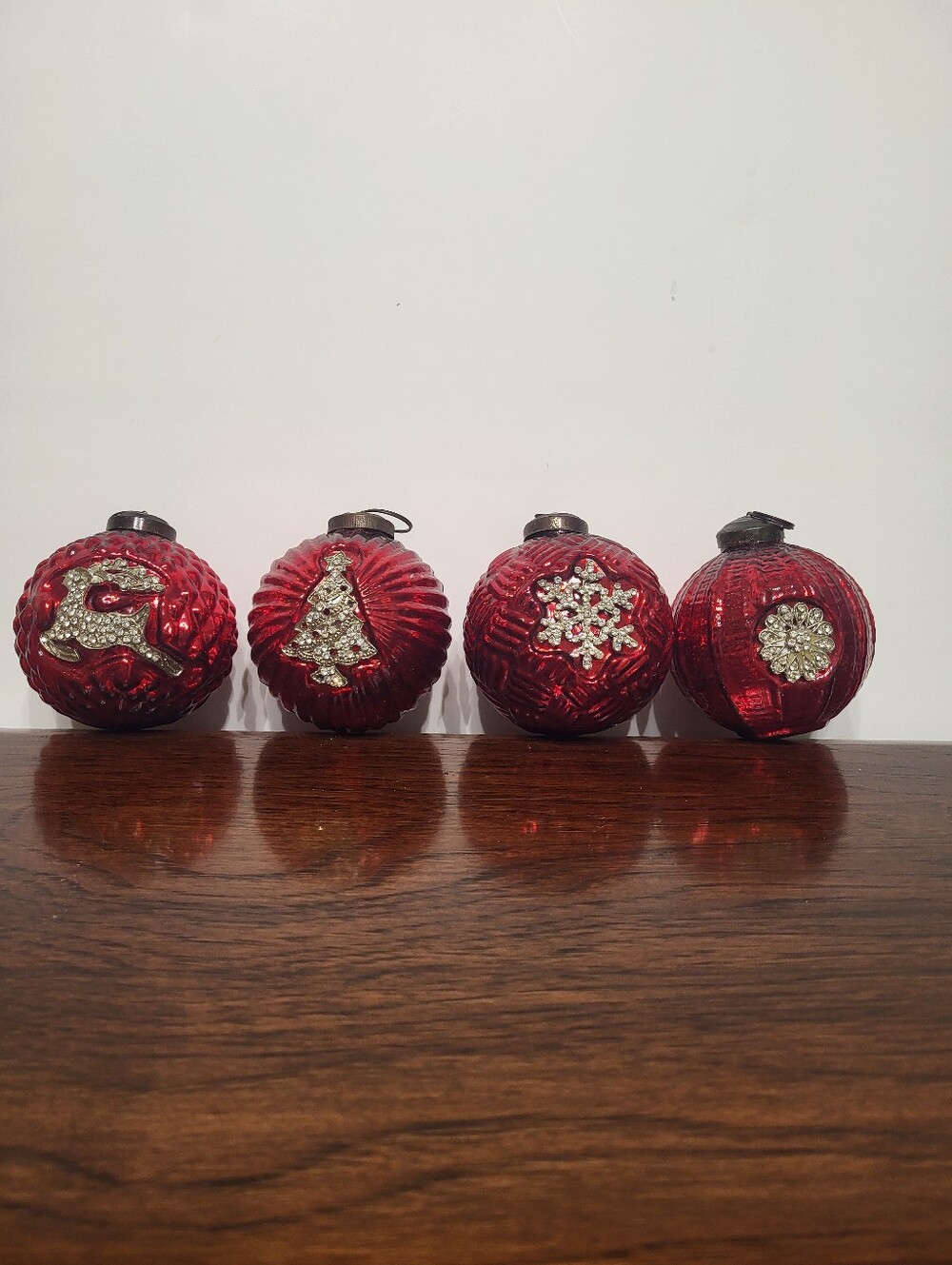 Vintage Christmas Ornament Large Red Mercury Glass Ball Tree Snowflake Reindeer